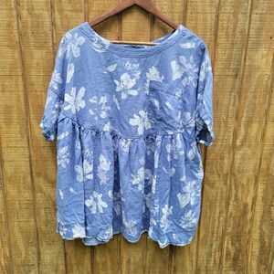Free People We The Free Denim Chambray Floral Babydoll Blouse Womens Size S